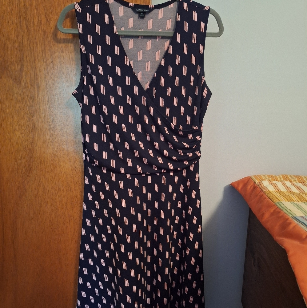 Final Price* Lands' End  Black and Pink Sleeveless Midi Dress Cross Front Size S